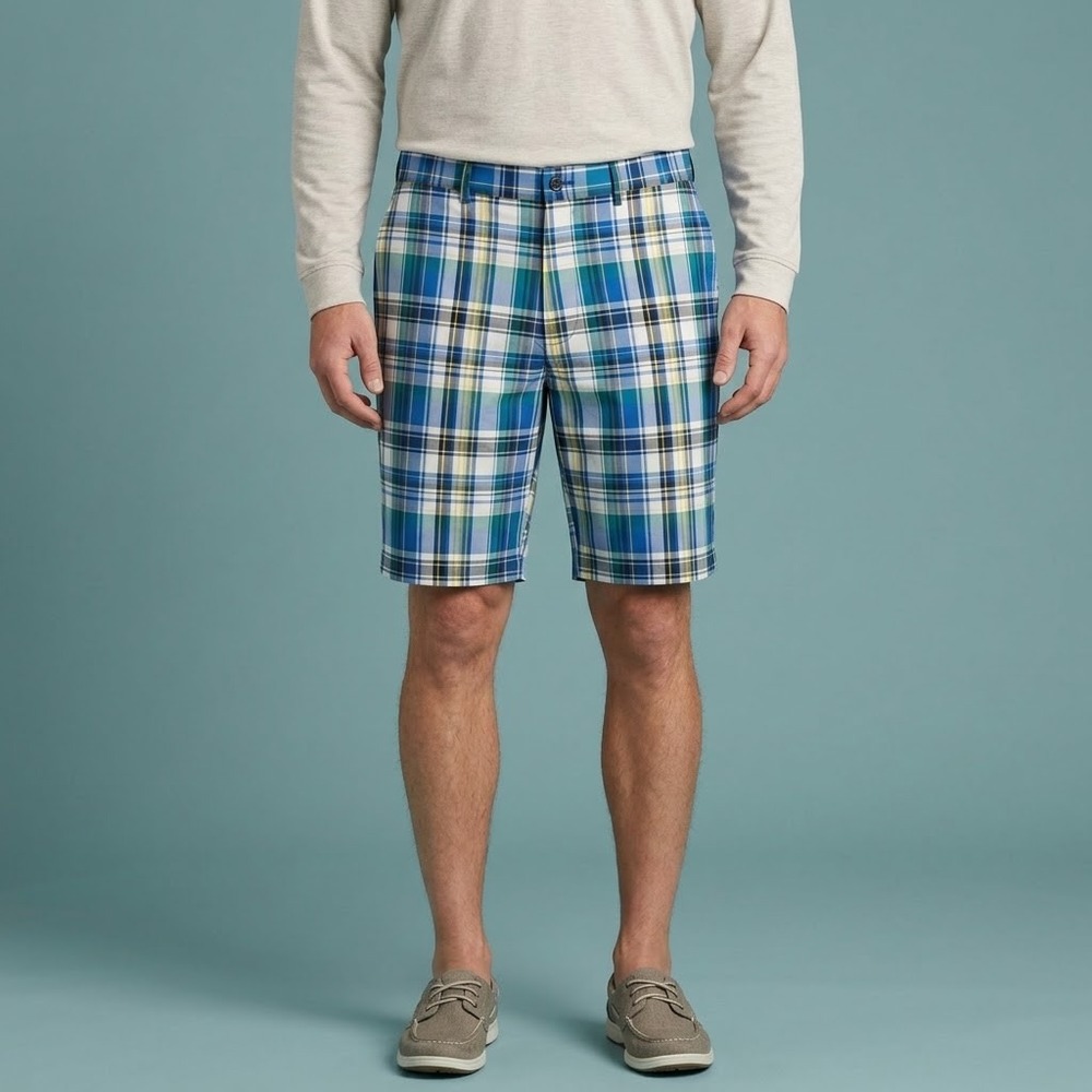 Jack‎ Nicklaus Plaid Golf Shorts Mens 32 Blue Yellow Polyester EUC